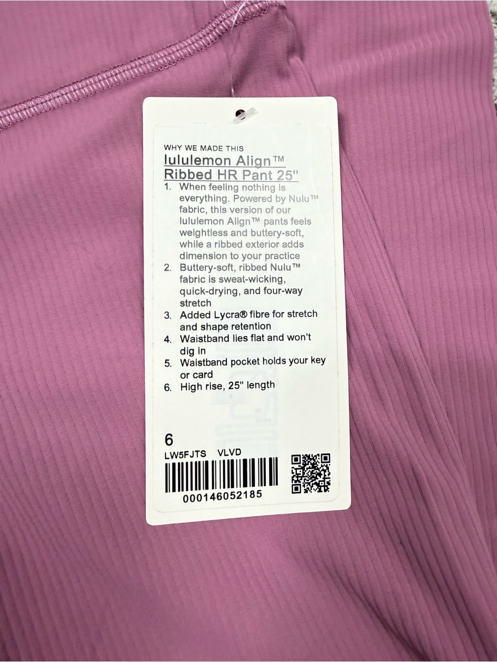 Lululemon Align Ribbed High Rise Pant 25" Womens 6 Velvet Dust W5FJTS Yoga Gym - Picture 3 of 5